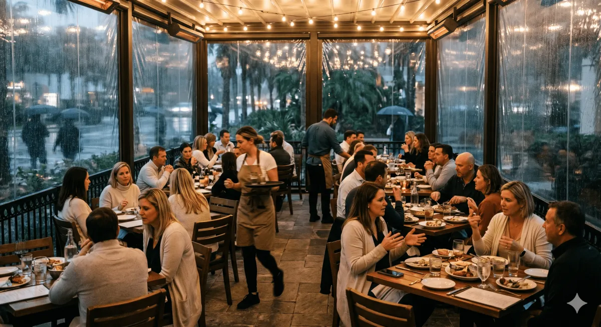 A busy Florida restaurant patio during winter tourist season with clear vinyl screens deployed against a light rain