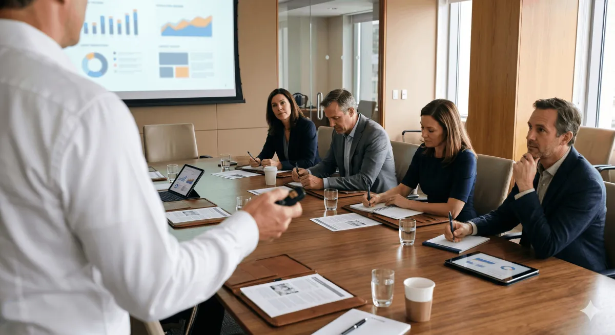 A restaurant executive presenting a capital investment case to an ownership group around a polished conference table