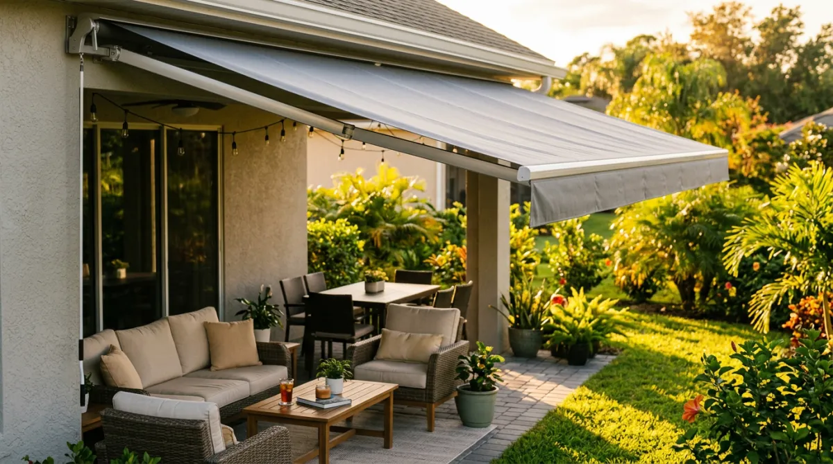 A west-facing Central Florida patio in late afternoon with a Radiance Class retractable awning extended overhead, casting cool shade over seating and a dining table while the low golden sun lights the yard beyond.
