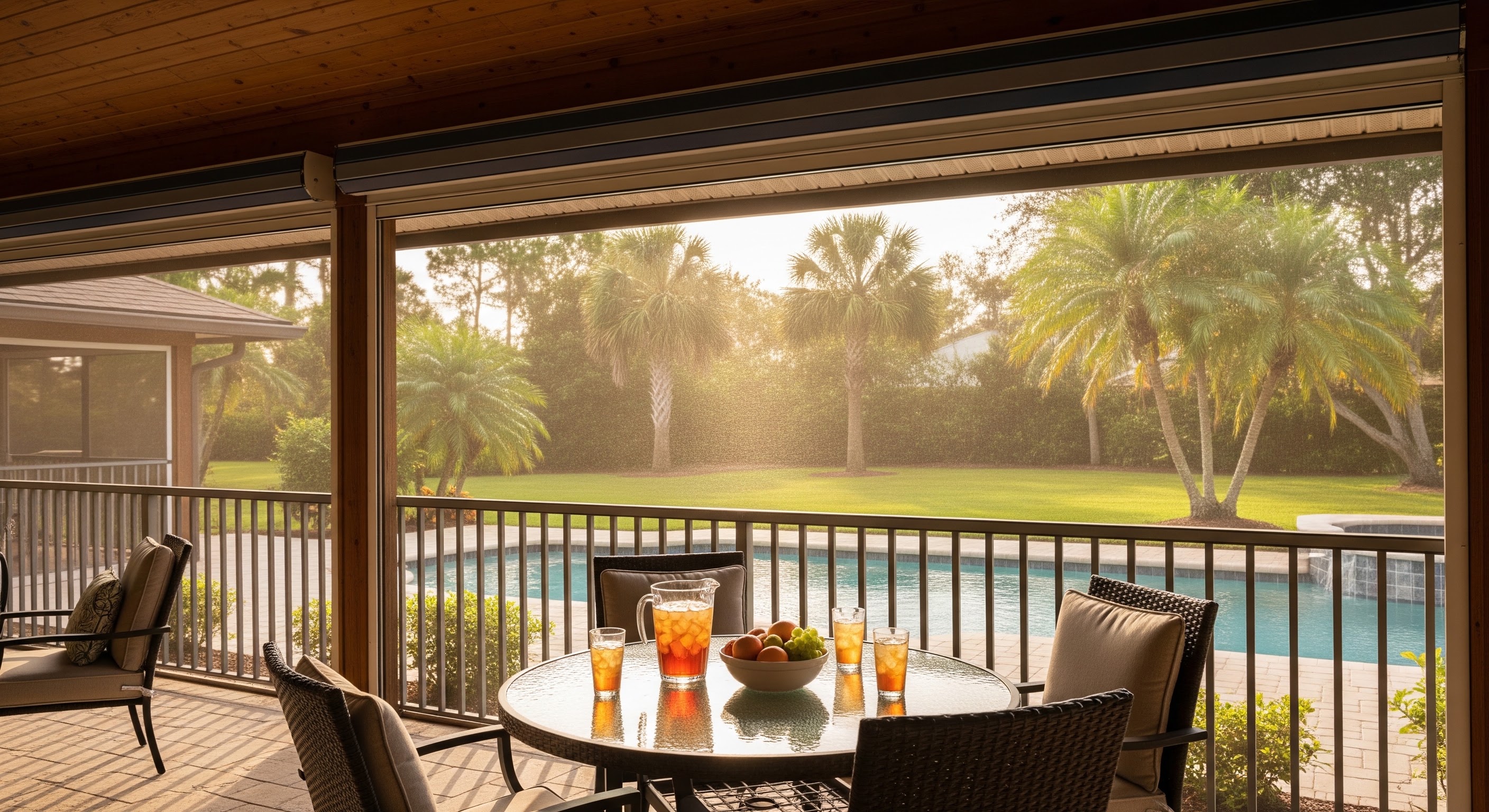 A Florida lanai with a motorized Cat-5 hurricane screen partially deployed in late-afternoon light, framing a calm end-of-summer gathering ahead of the fall storm season.