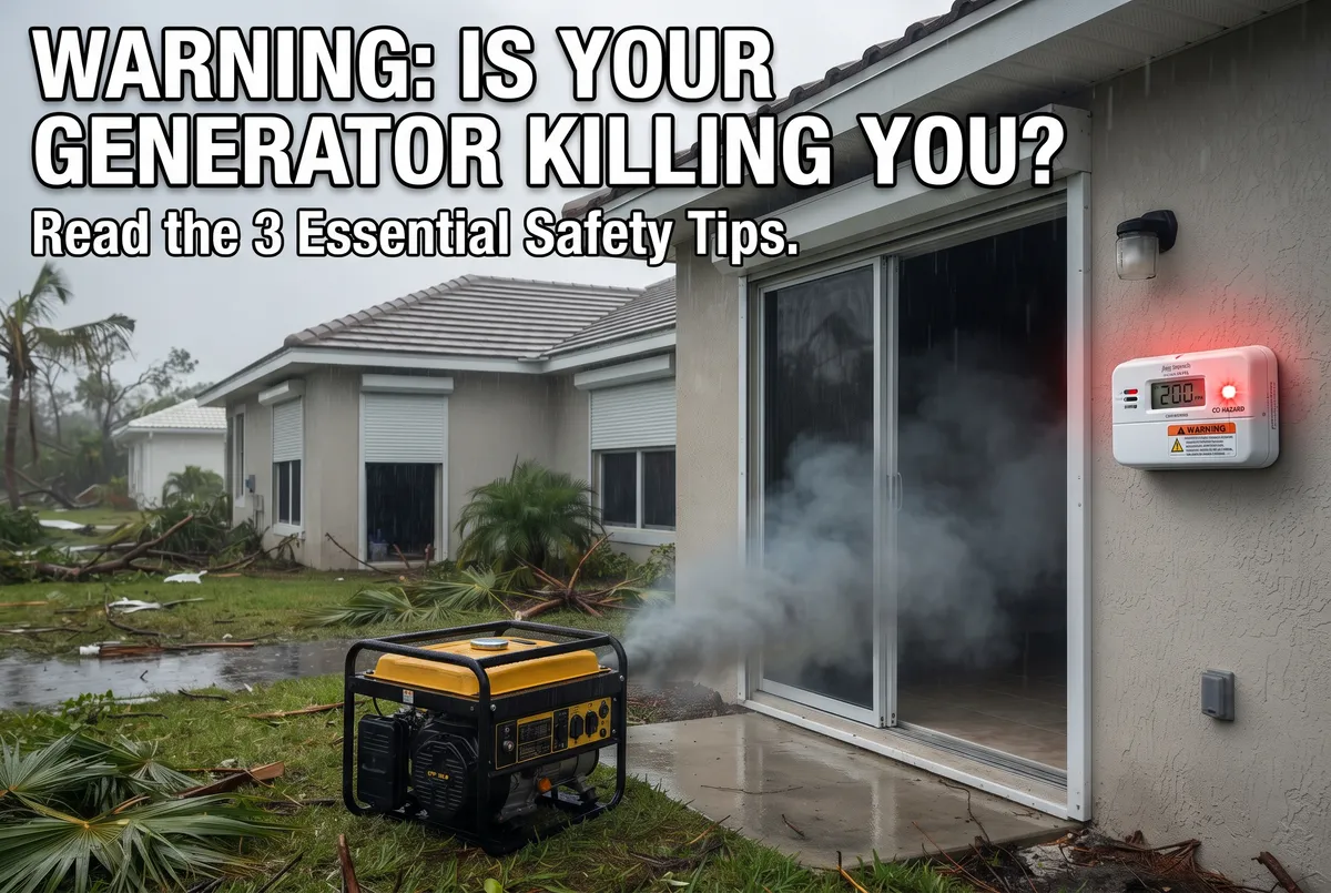 A portable generator running dangerously close to the sliding glass door of a modern Florida home after a hurricane, with exhaust smoke blowing inside near a flashing carbon monoxide alarm and storm-damaged palm trees in the yard.