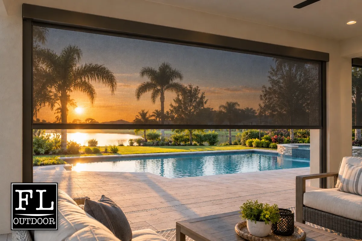 Motorized solar screen in dark charcoal fabric lowered on a Florida lanai, keeping the view of the pool clear