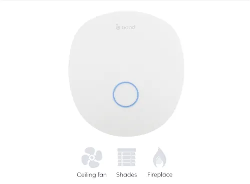 A white, circular Bond Bridge smart home device with a blue-lit button in the center, surrounded by icons for a ceiling fan, shades, and a fireplace, indicating in-home automation control functions.