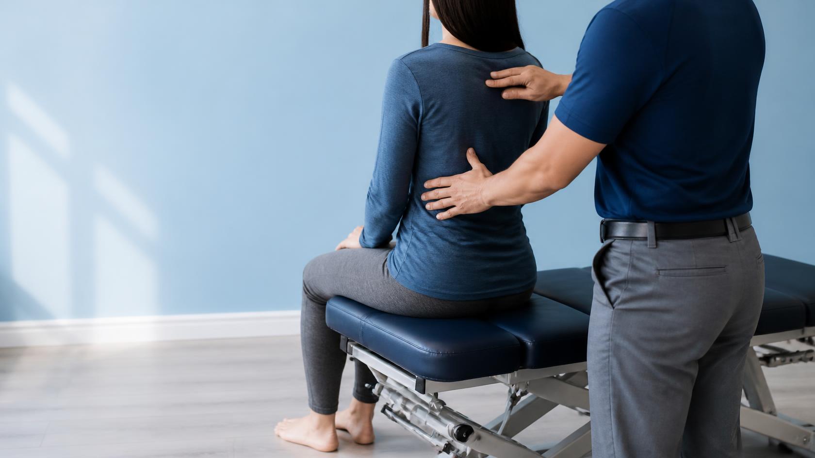 Chiropractor examining a patient's lower back during a first visit