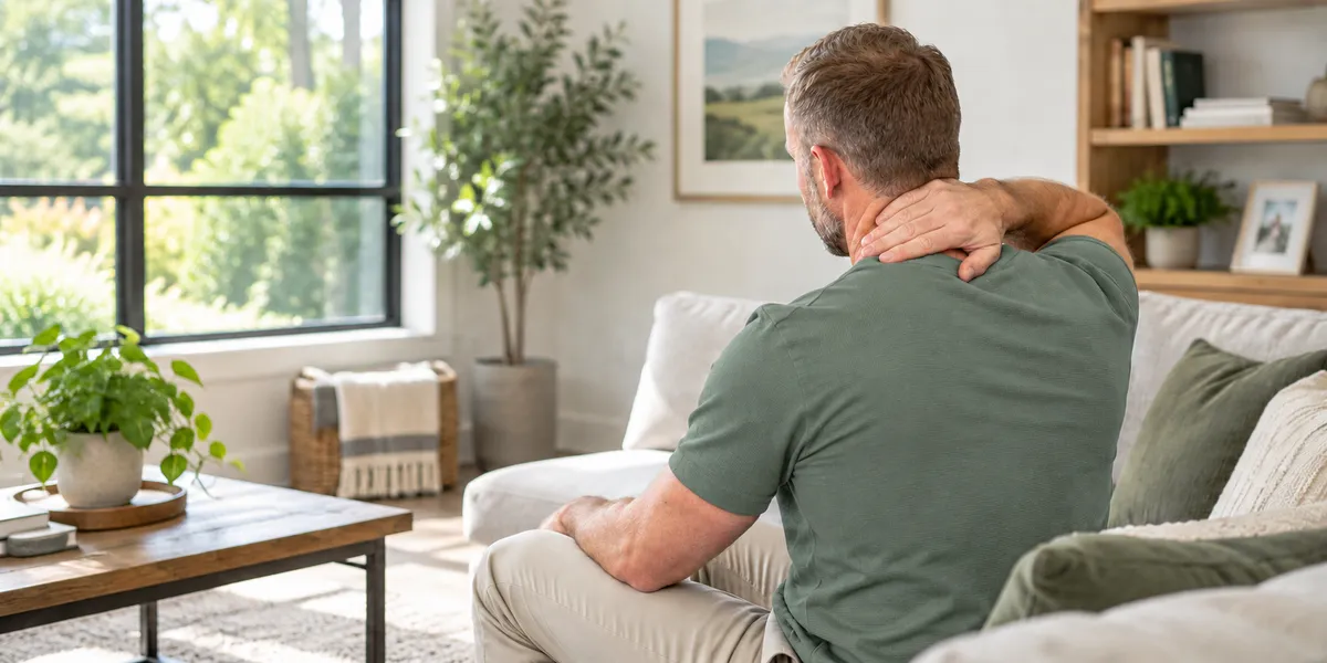 Person rubbing a stiff neck and shoulder while recovering from an injury
