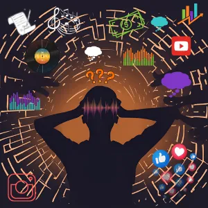 Silhouette of person covering ears stand in front of a labyrinth of music industry related symbols such as graphs, logos for popular services, dollar signs, paper and pen, social media "Likes" and "Hearts"