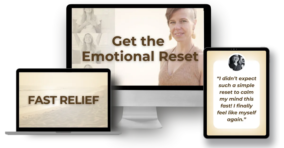 Emotional reset program for fast stress relief shown on laptop, tablet, and mobile devices
