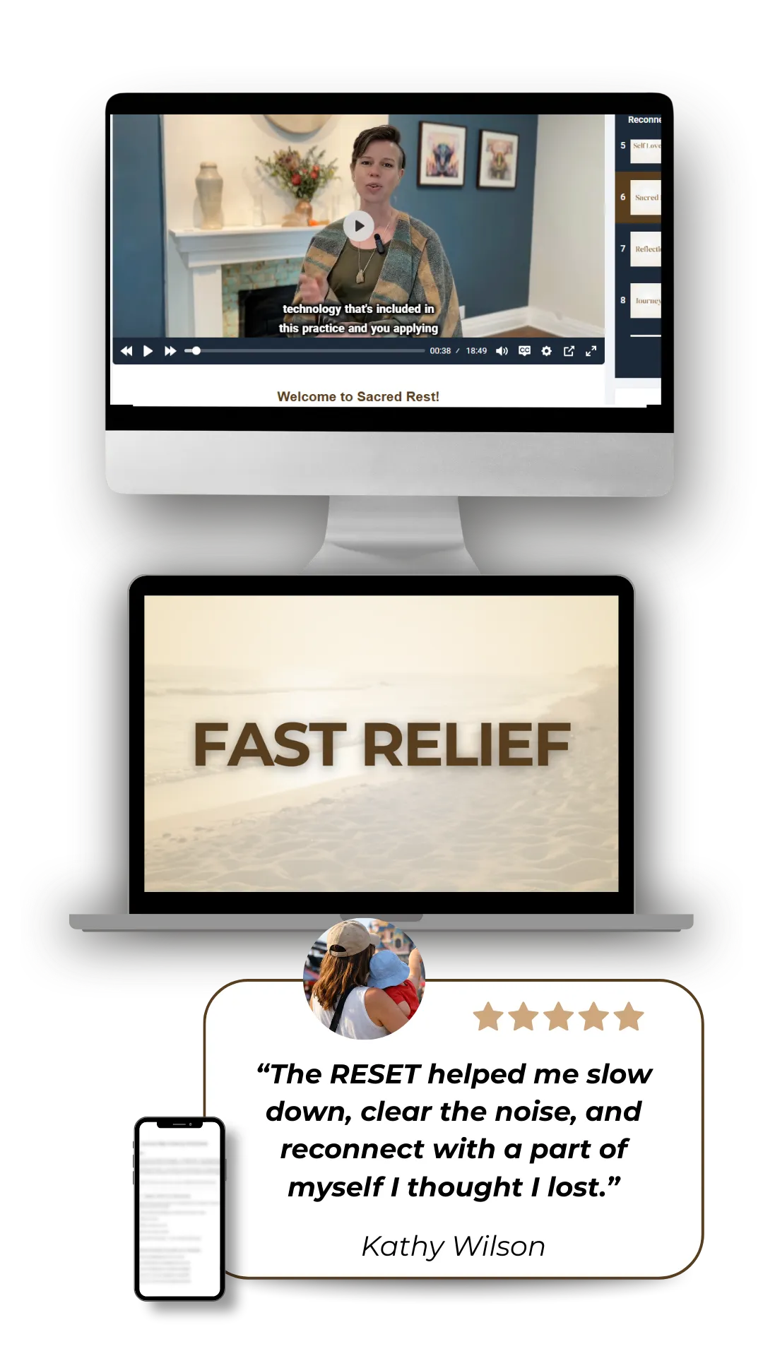 Emotional reset program preview with video lessons, fast relief, and client testimonial results