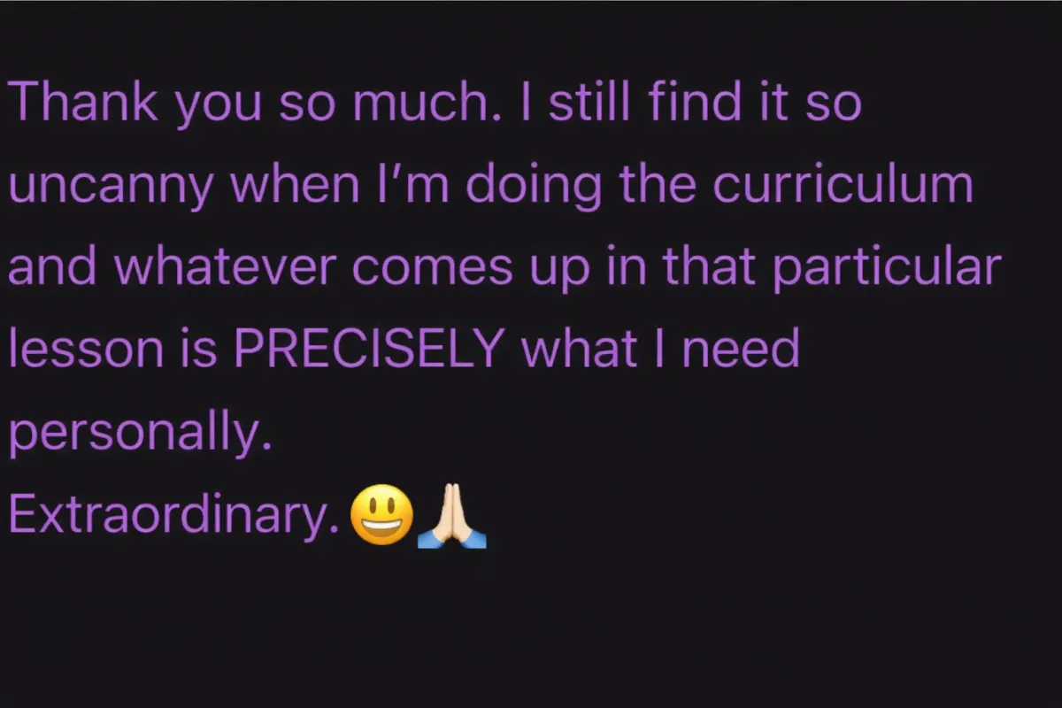 Testimonial about emotional reset helping personal transformation and feeling aligned with lessons