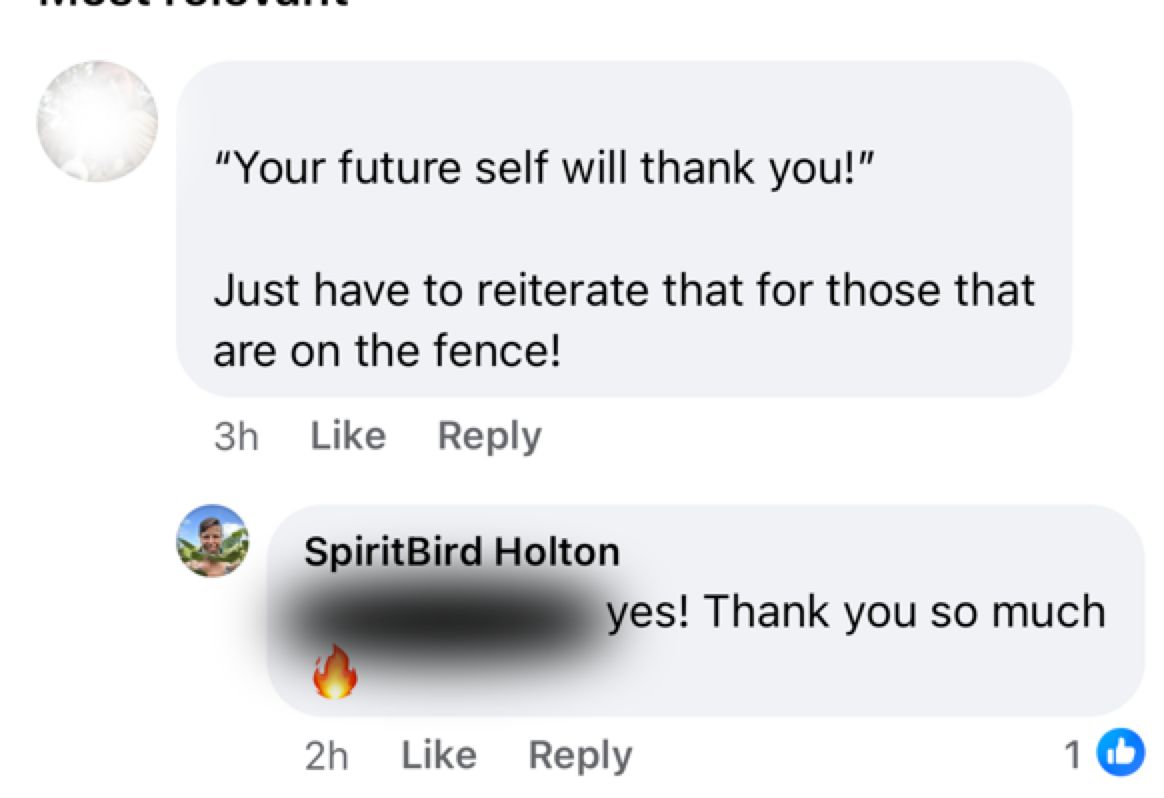 Client comment testimonial about emotional reset encouraging others to join and feel relief