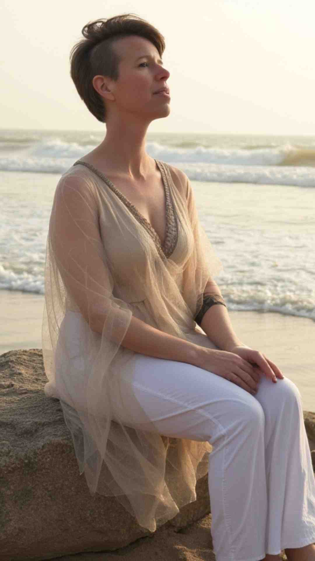 Woman sitting calmly by the ocean feeling grounded, present, and emotionally at ease