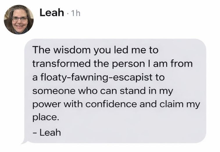 Testimonial from client sharing transformation into confidence, clarity, and personal empowerment