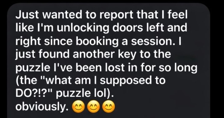 Client testimonial describing gaining clarity, direction, and momentum after feeling lost and stuck