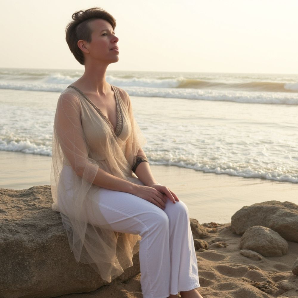 Woman sitting peacefully by the ocean feeling calm, grounded, and clear after gaining clarity and emotional alignment