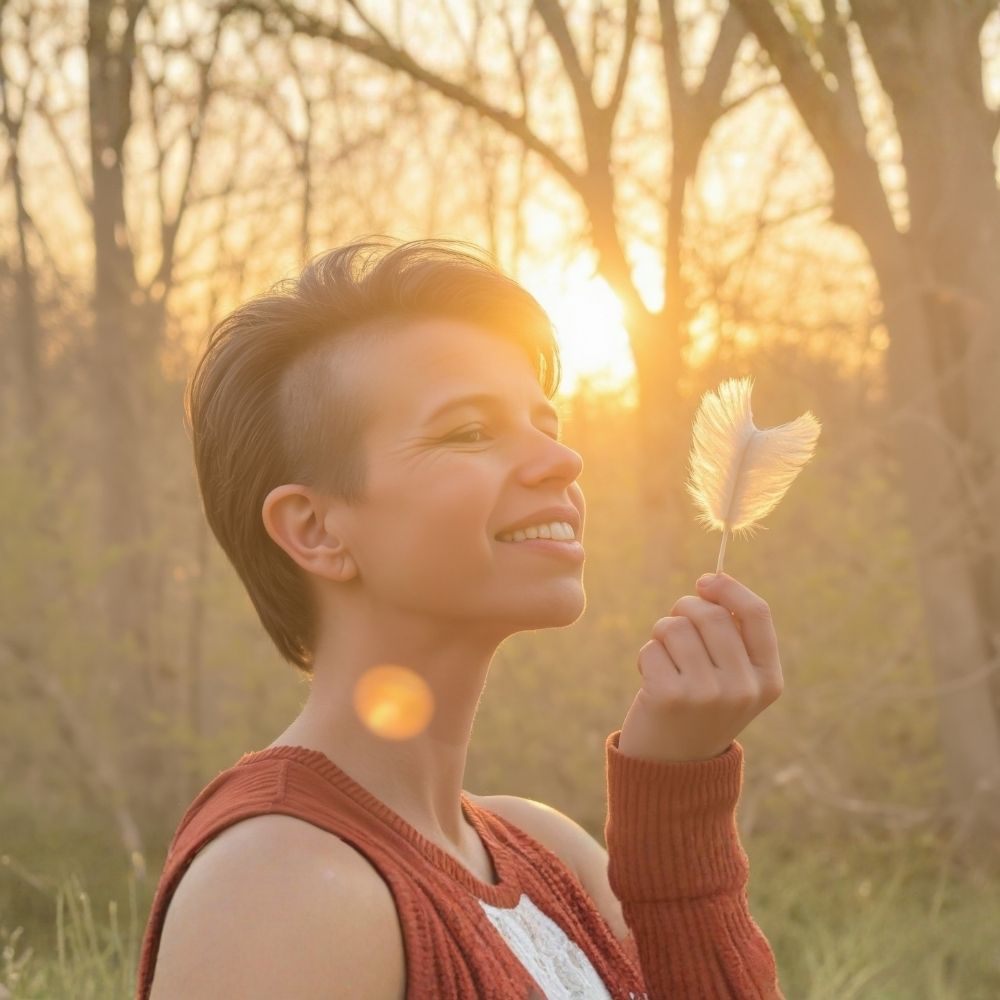 Woman smiling in nature holding a feather, feeling light, free, and emotionally relieved after gaining clarity