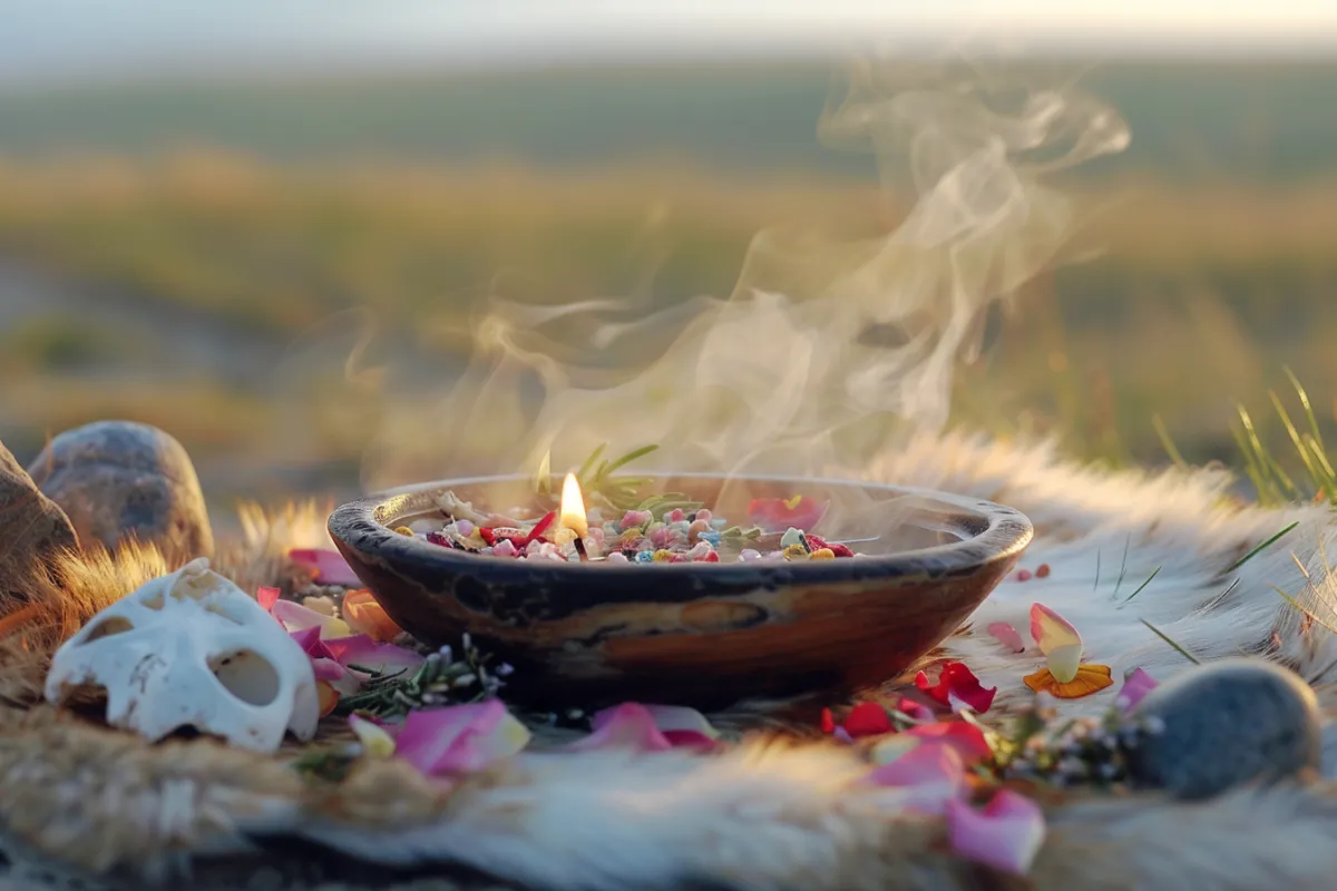 Shamanic energy clearing ritual with herbs and candle in a bowl, used for releasing emotional blocks and gaining clarity