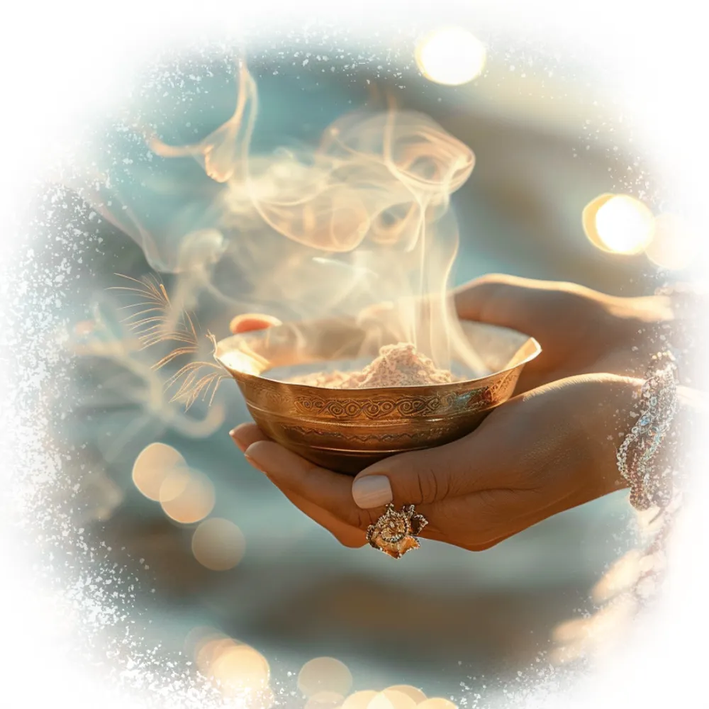 Hands holding a bowl with burning herbs for energy clearing, representing focused healing and personal transformation