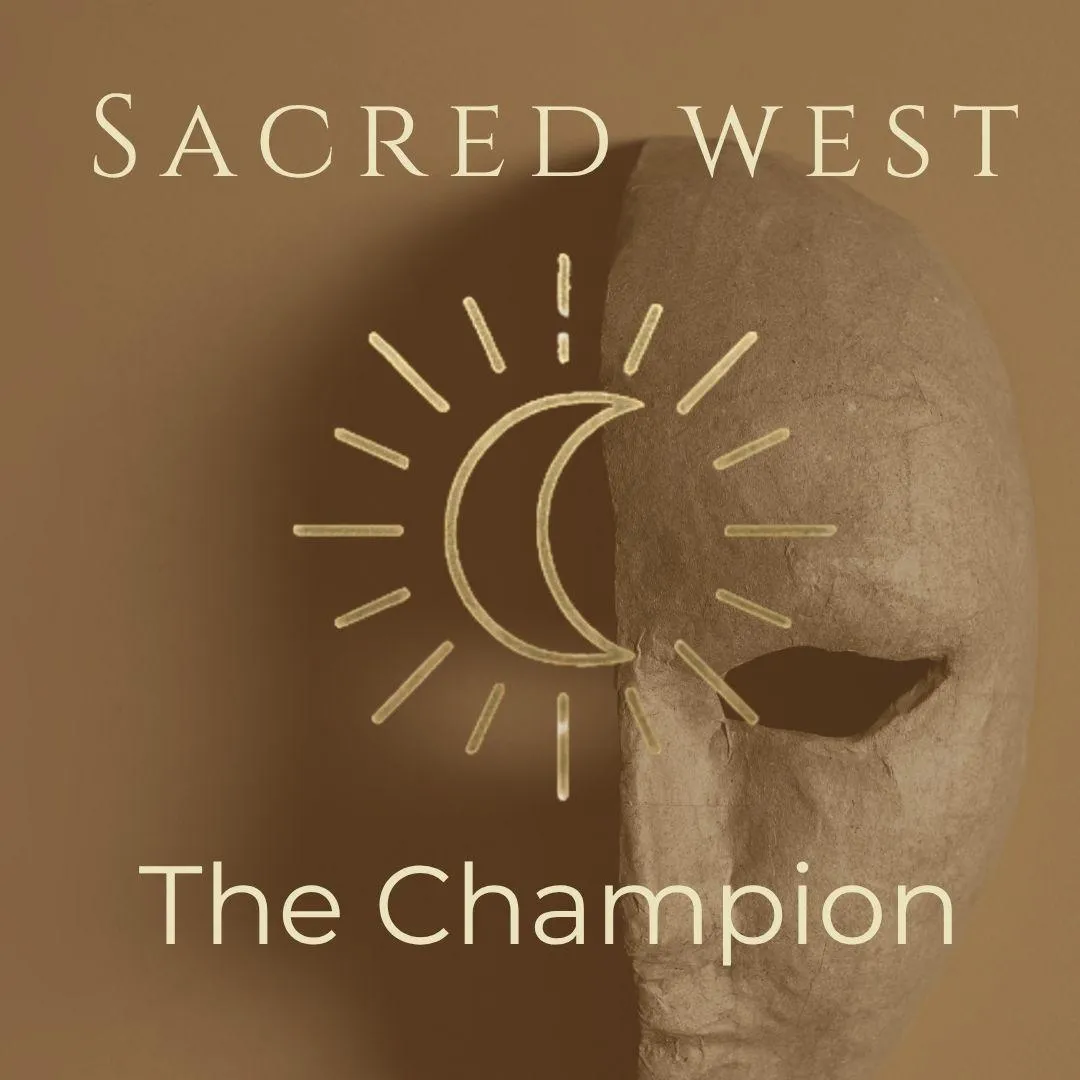 Sacred West archetype symbol featuring a mask and moon representing the champion archetype associated with protection, resilience, and shadow work
