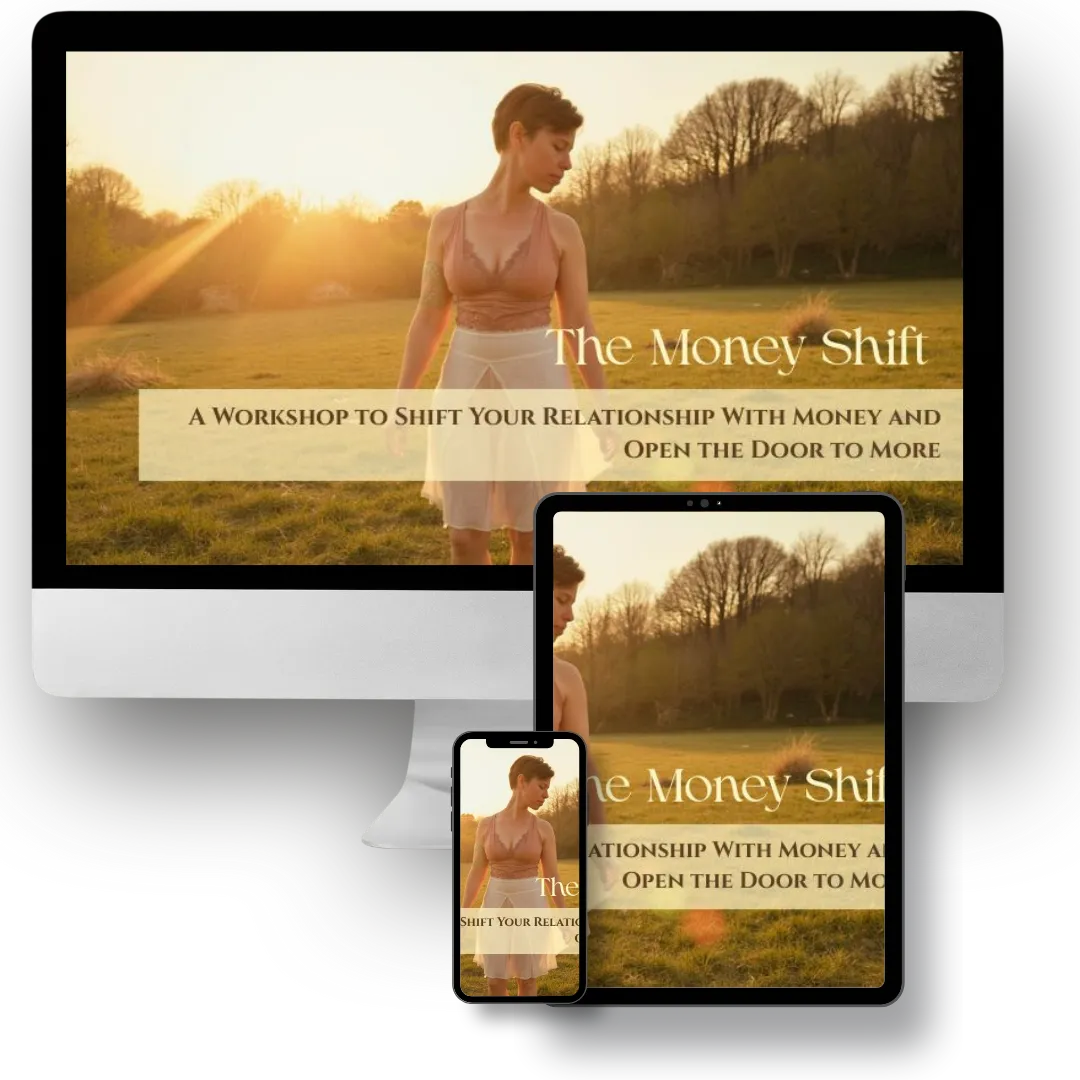 The Money Shift workshop displayed on desktop, tablet, and mobile devices showing a course for shifting your relationship with money and opening to abundance