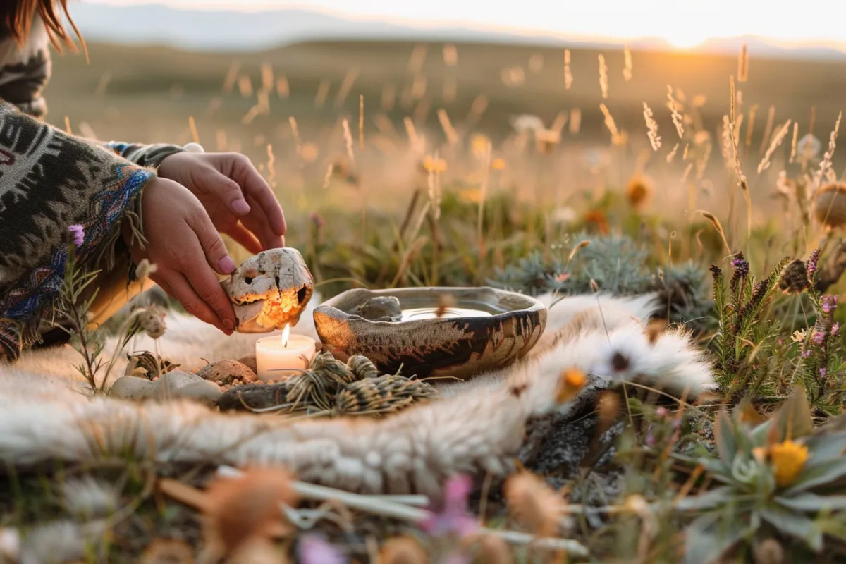 Shamanic ritual with candle, stones, and sacred objects symbolizing energy alignment, abundance, and transformation in relationship with money