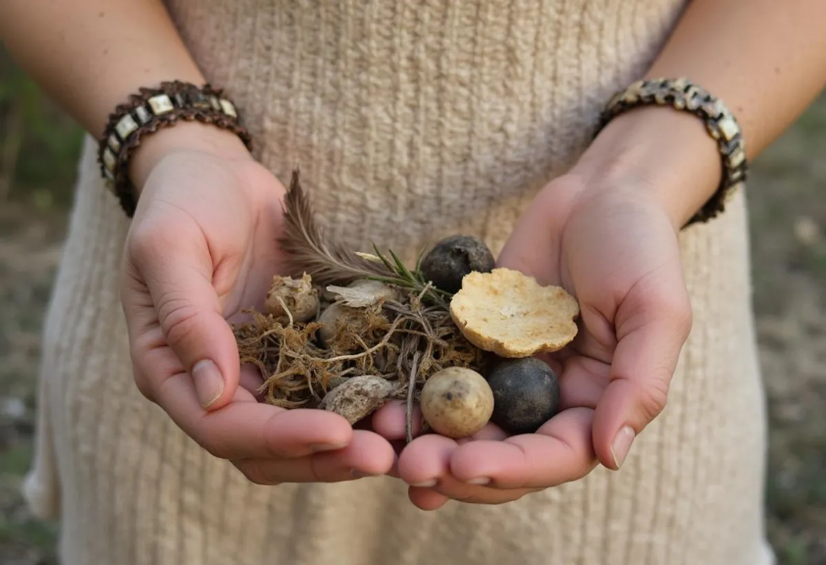 Hands holding natural elements and sacred items symbolizing receiving abundance, self-worth, and alignment with money energy