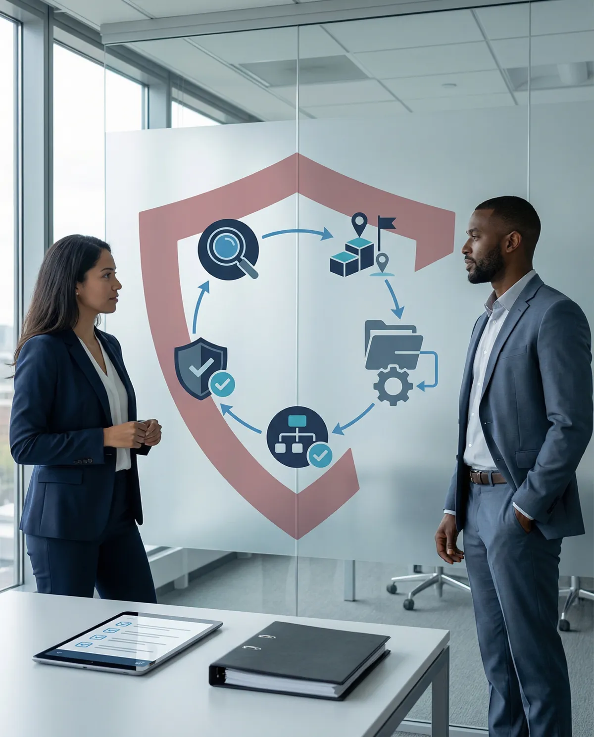 Small-business owners collaborating over a laptop in a modern co-working space