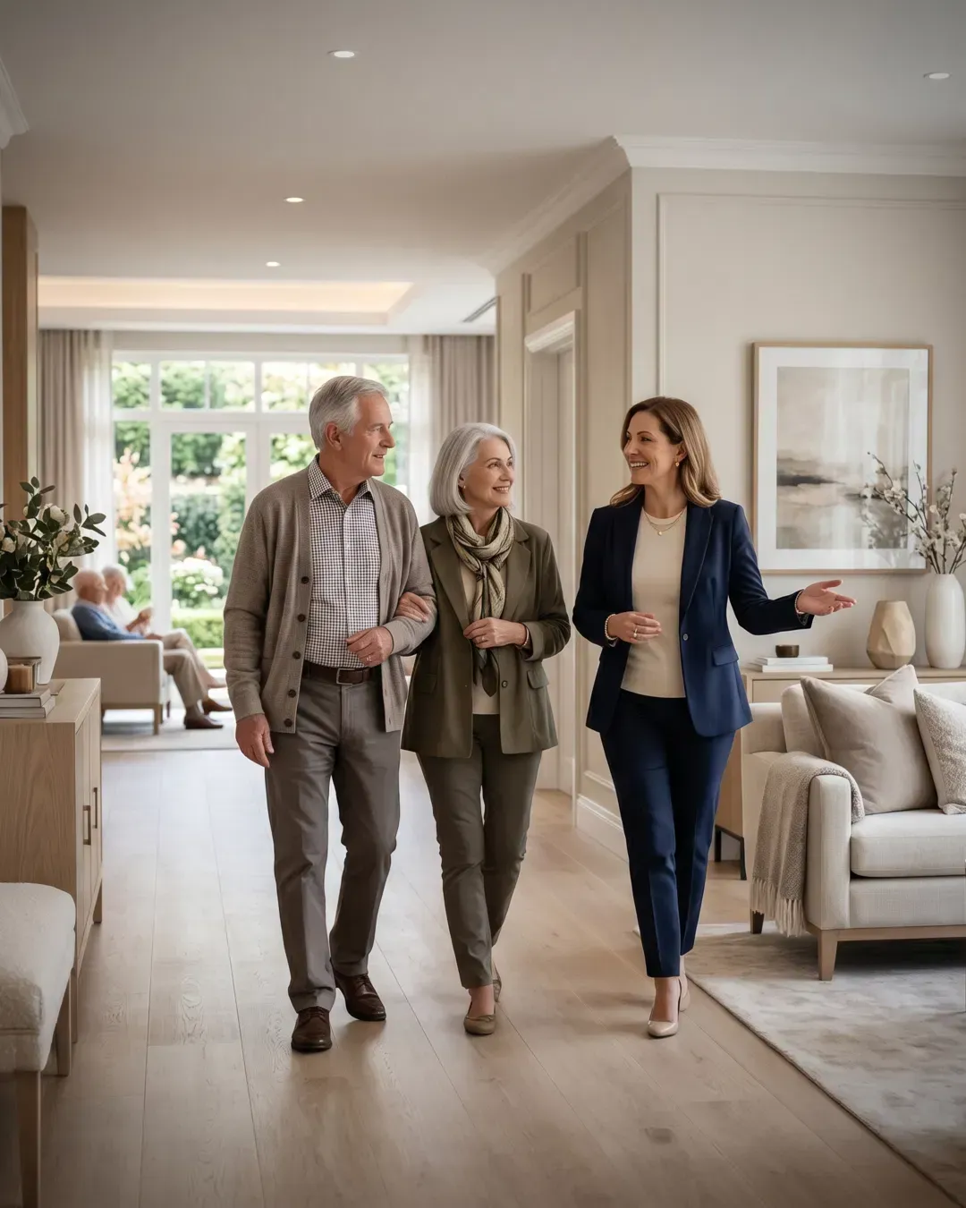 A professional senior care advisor providing personal guidance during a community tour, illustrating the calm, step-by-step path to finding the right senior living option.