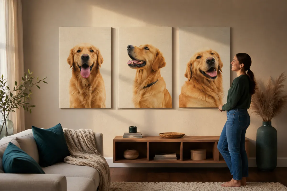Proud pet parent smiling at their canvas wall art