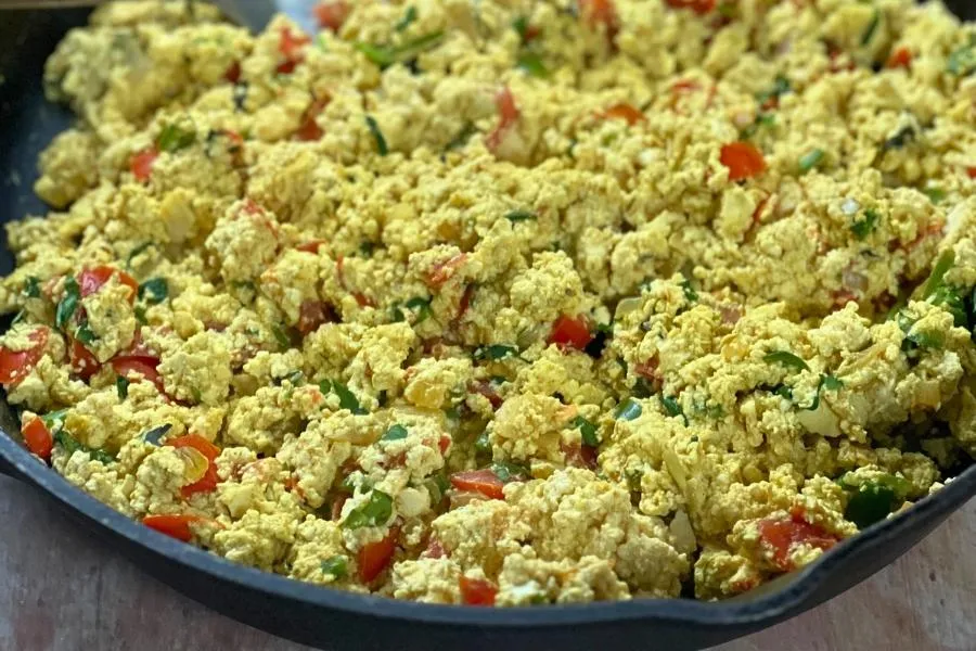 Plant-based Huevos a la Mexicana vegan scrambled egg dish