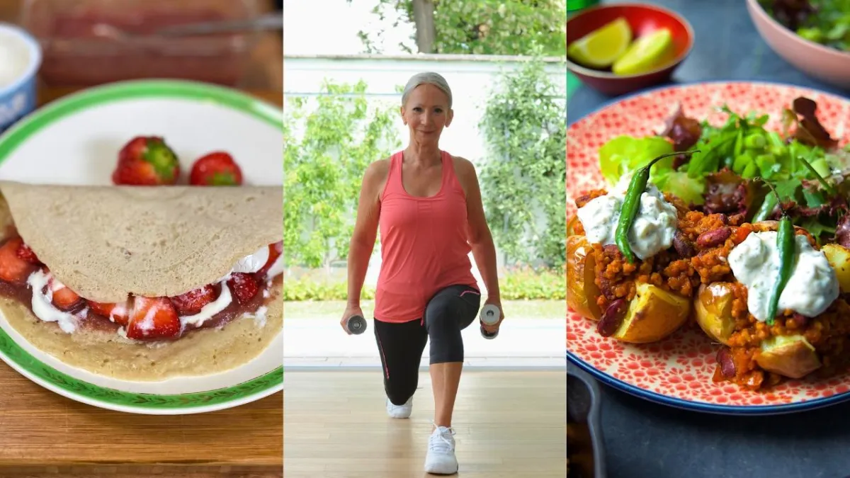 vegan food and woman exercising