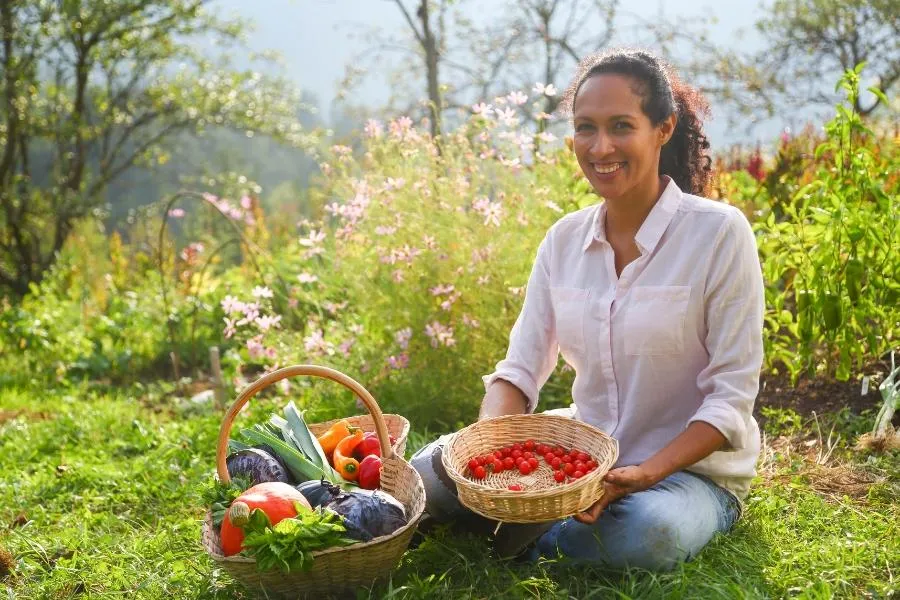 woman with basket of vegetables