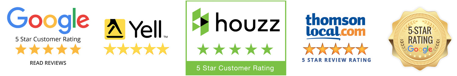 5-star reviews logos including Google, Yell, Houzz and Thomson Local