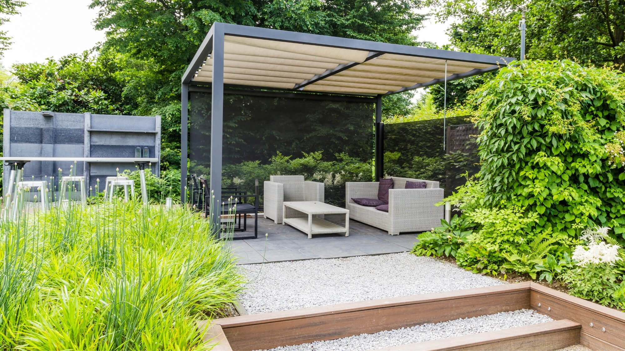 contemporary garden design with pergola and architectural planting