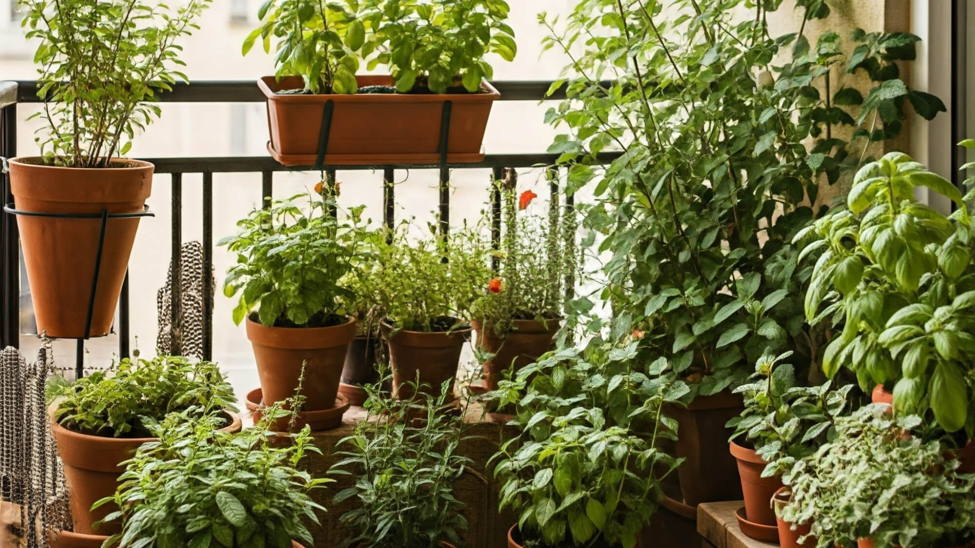Small balcony garden with potted herbs and other edible plants in containers