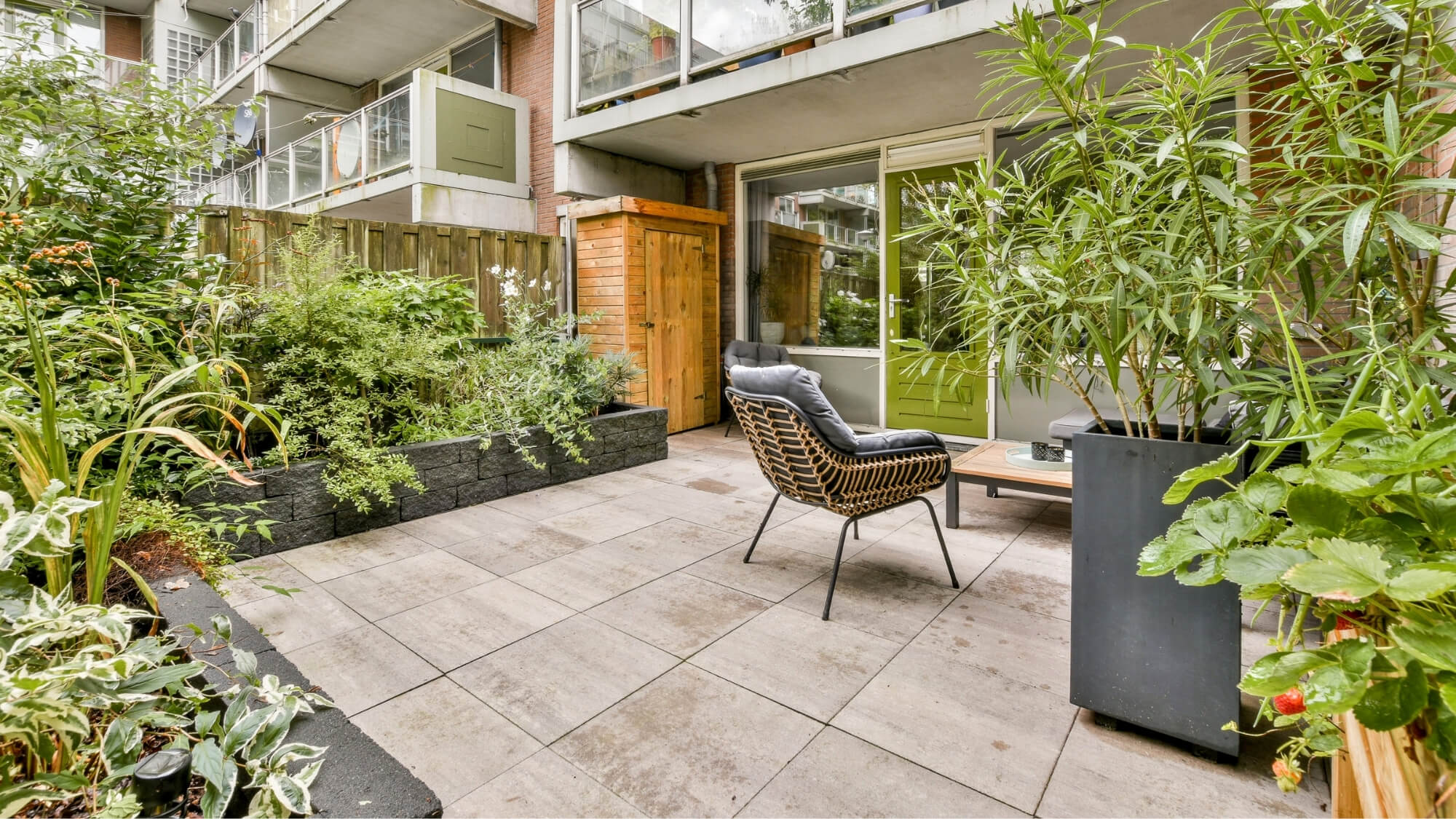 Contemporary urban patio garden with large format paving and architectural planting in Sutton