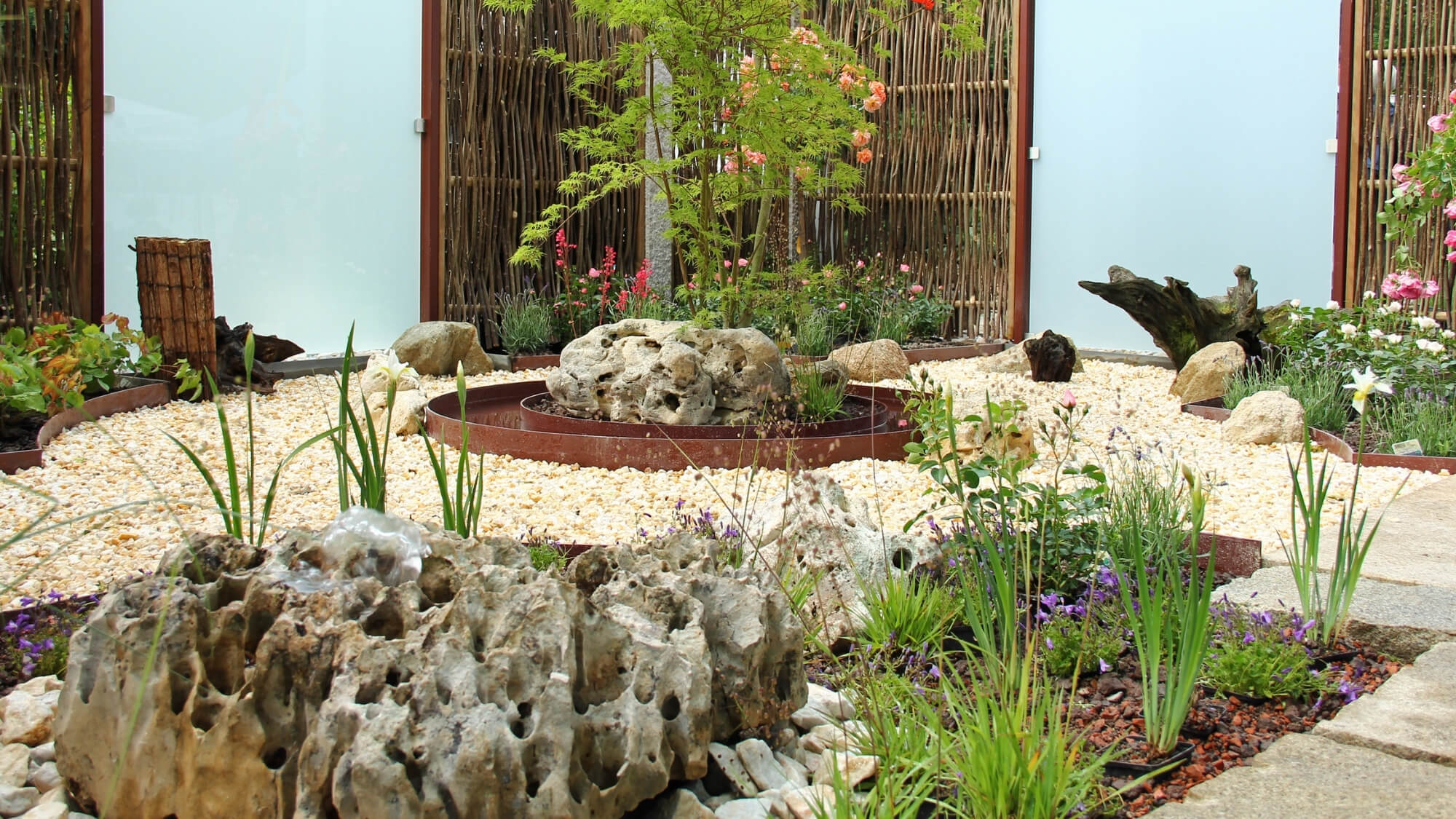 Small contemporary courtyard garden with rockery, gravel paths and low-maintenance planting in Croydon