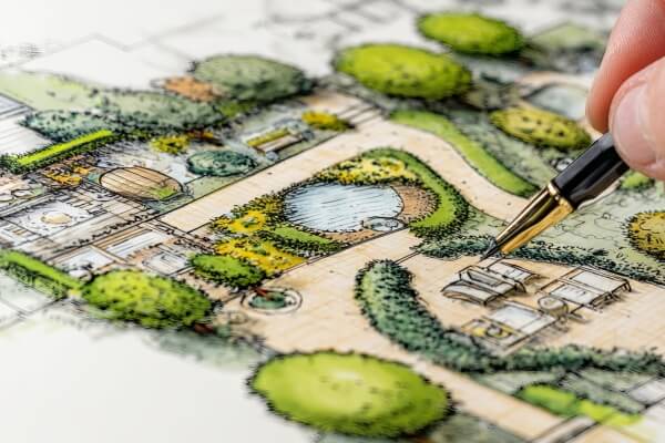 Hand-drawn UK landscape garden design plan showing layout, wildlife pond, planting and paths