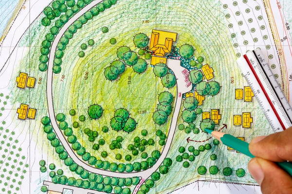 Detailed landscape garden master plan illustration with paths, planting beds and design features