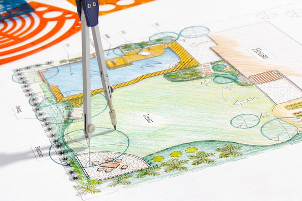 Hand-drawn concept sketch for a landscape garden design plan, showing layout zones and planting ideas