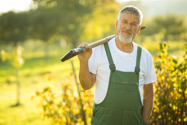 Landscape gardener standing in a newly planted garden, ready for the final handover to the client