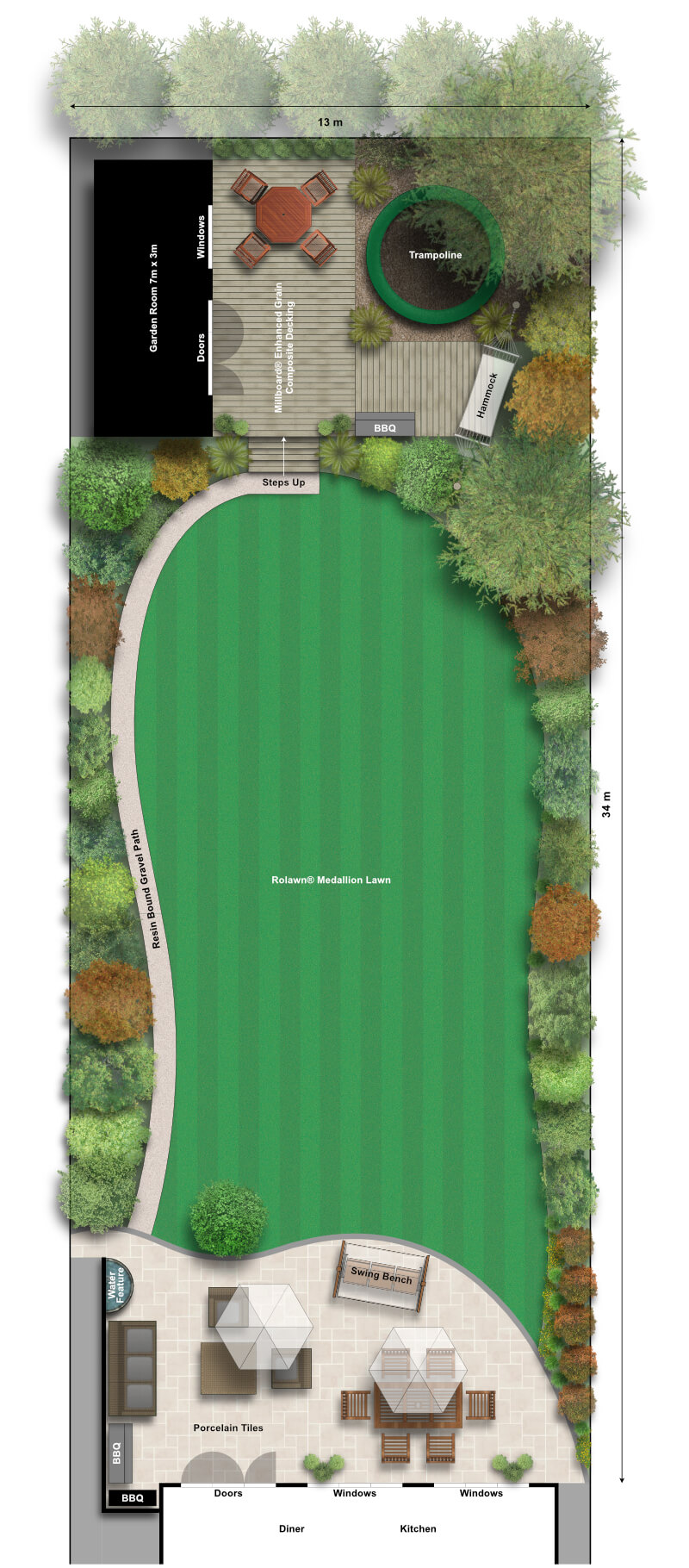 garden design masterplan in Sutton showing lawn, patio, planting and outdoor seating areas