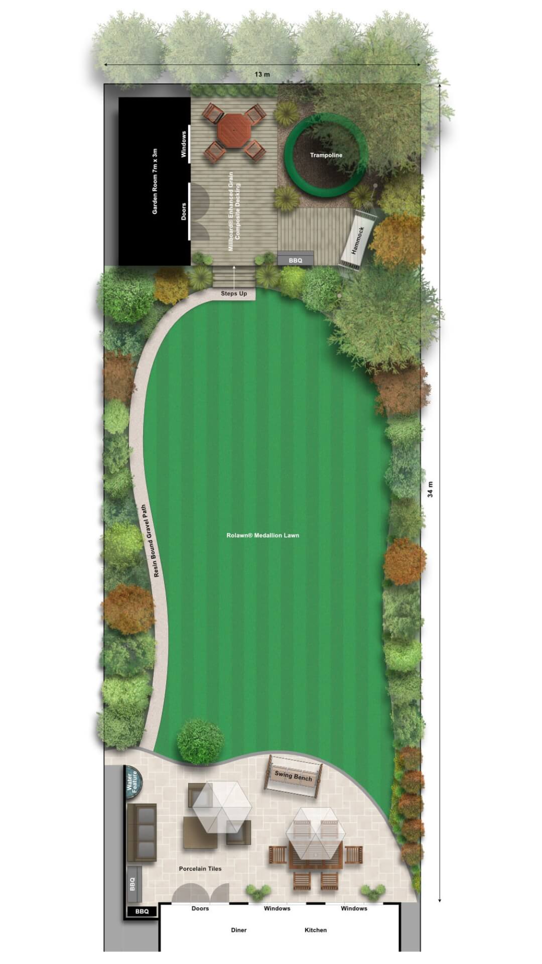 Family garden landscape design with patio, lawn and raised decking in Carshalton Beeches