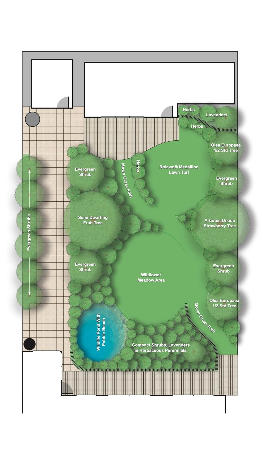 Wildlife garden design with pond and naturalistic planting scheme in Carshalton