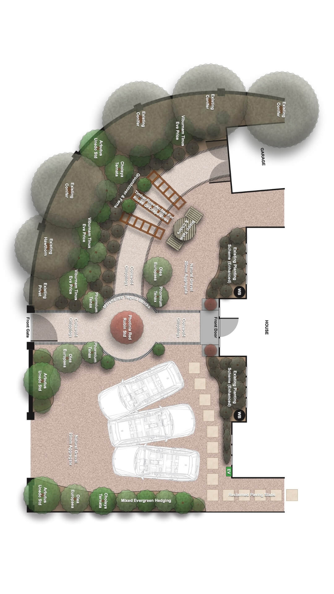 Curved contemporary landscape garden design with car parking areas in Banstead