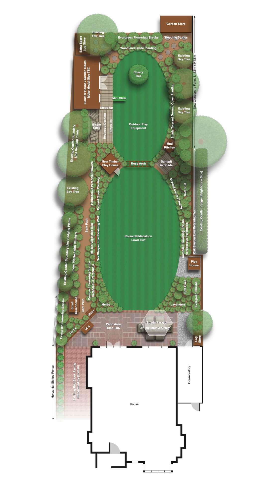 Garden design masterplan for long rectangular garden in Purley