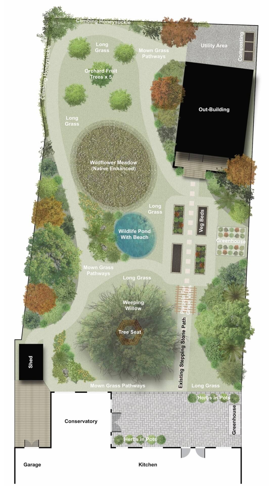 Naturalistic wildlife garden design with pond planting in Wallington