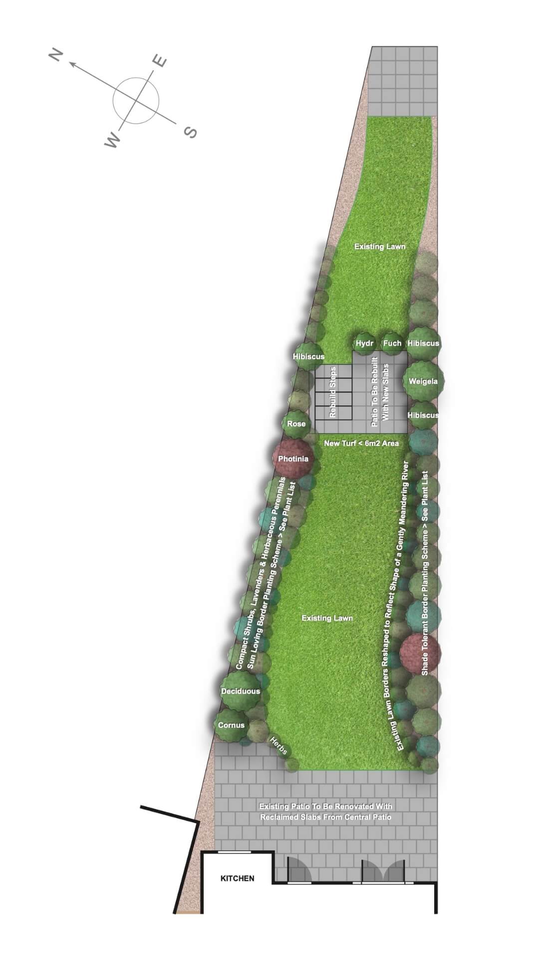 Long narrow garden design layout for urban riverside garden in Carshalton
