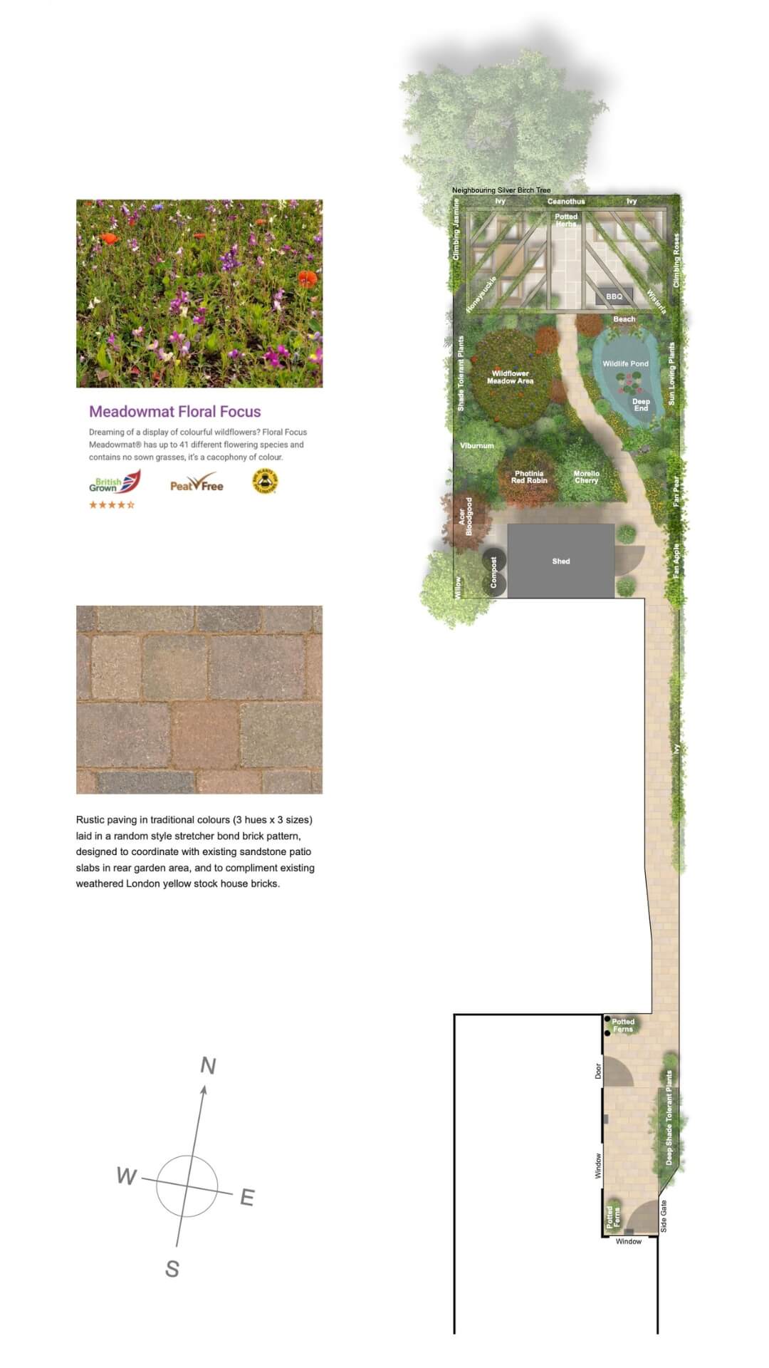 Planting and materials concept board for wildlife garden design in South Croydon