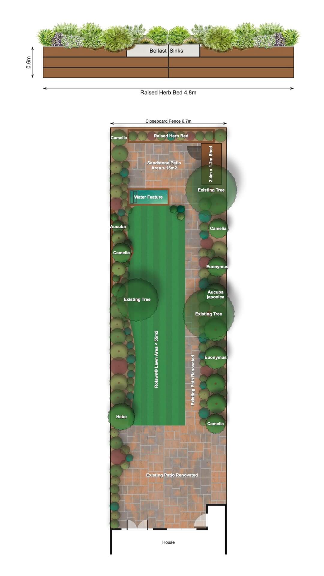Formal garden design with lawn, raised beds and structured planting in Wallington