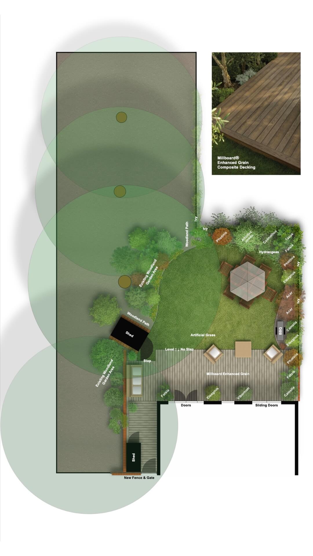 Contemporary garden design layout with composite decking and planting in Croydon